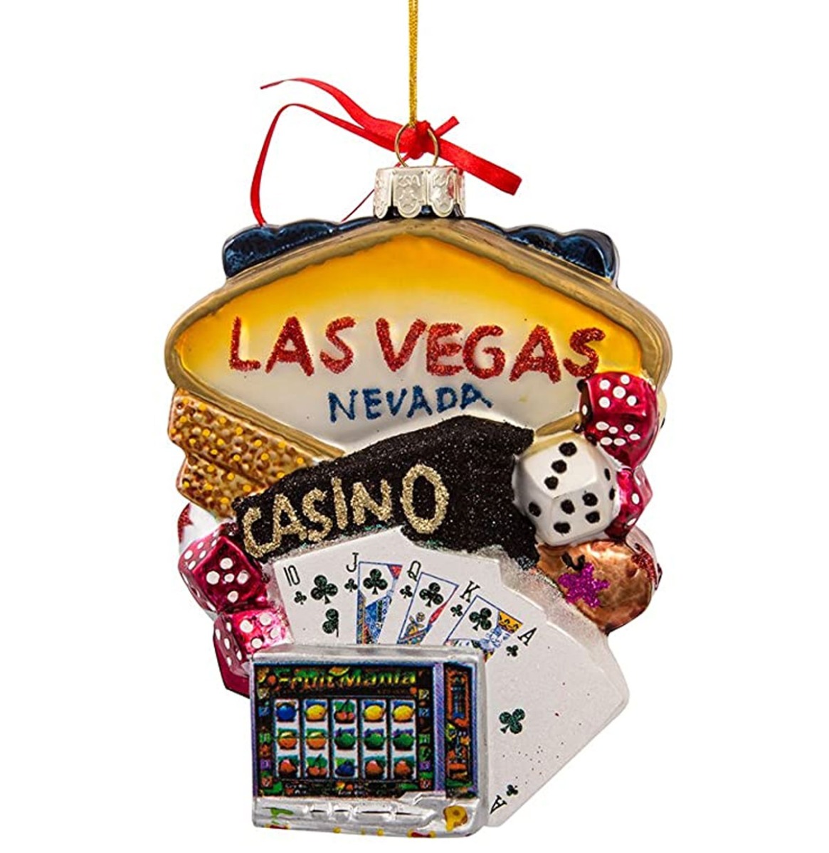 Las Vegas Gokkast, Poker En Dobbelstenen Glazen Kerst Ornament